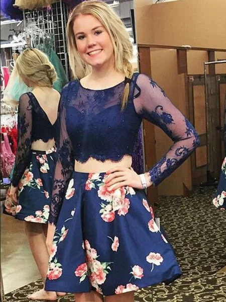 Deal Explosion Two Piece Homecoming Dresses Floral Print Long Sleeve Short Prom Dress Party Dress JK588
