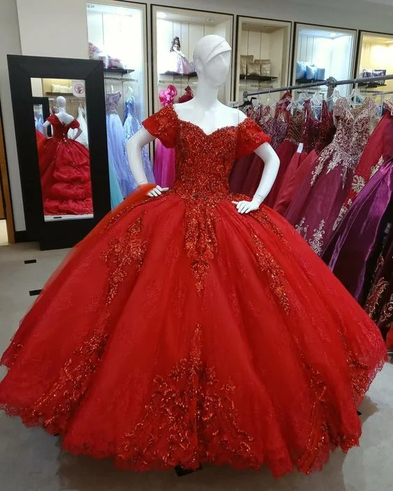 summer floral dressDark Red Tulle Lace Ball Gown Sweet 16 Dress Y1440