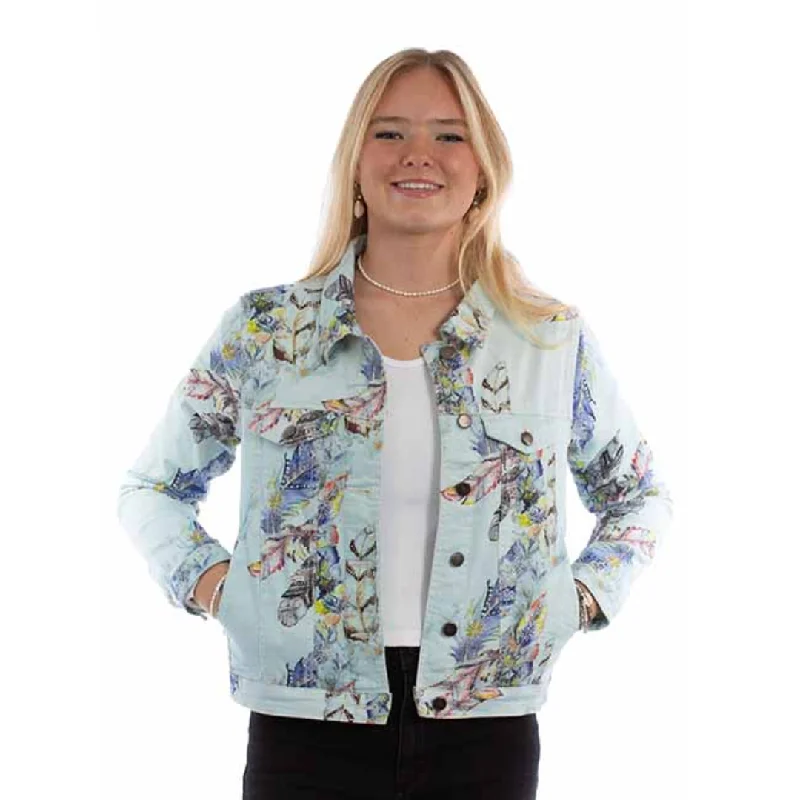 Can't Miss retro coatWomen's Light Blue Feather Print  Denim Jacket By Scully - HC960