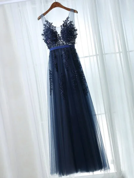 Price Drop Chic Prom Dresses Straps A-line Floor-length Dark Navy Prom Dress/Evening Dress JKL444