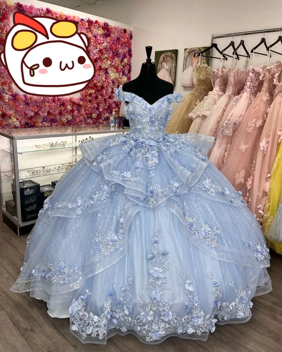 chic wrap dressOff The Shoulder Blue Ball Gown With Flowers,Blue Princess Dress,Sweet 16 Dress Y2256