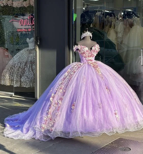 elegant evening dressOff The Shoulder Appliques Lilac Ball Gown,Sweet 16 Dress  Y2019