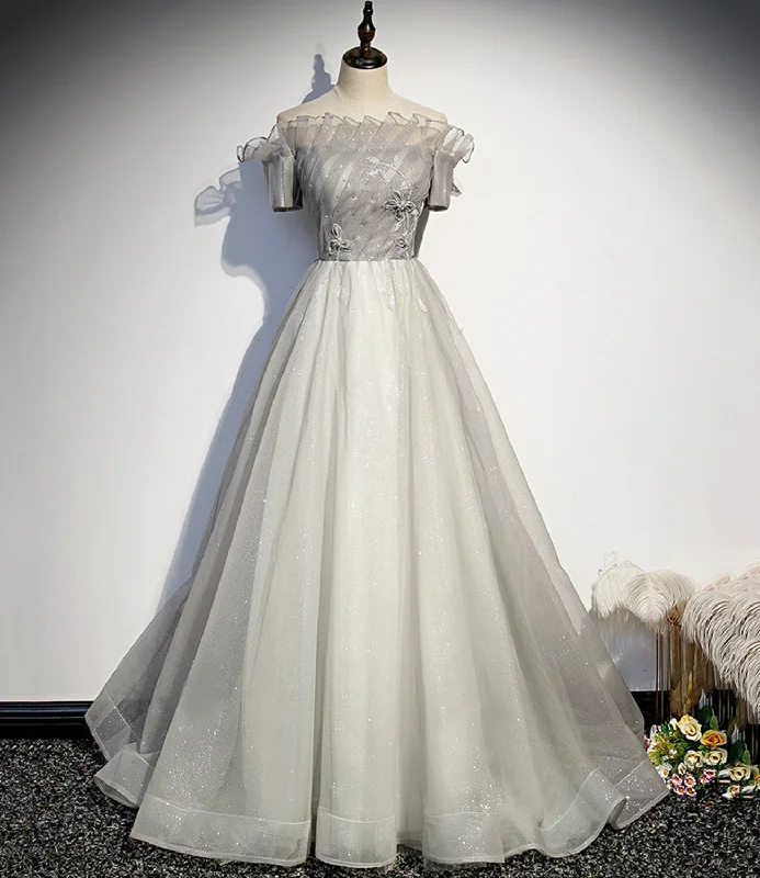 Price Slash casual summer dressSilver tulle long prom dress formal dress s79
