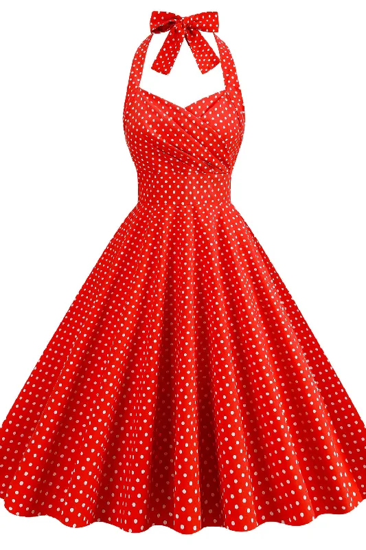 TIME-Limited Offer wool dressHalter Red Polk Dots Swing Dress