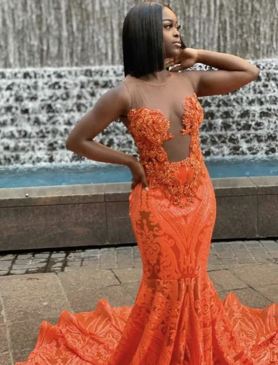 Bargain Bin formal dressOrange Sequins Mermaid Prom Dresses Black Girl African Girl Prom Gowns Evening Formal Dresses Y1380