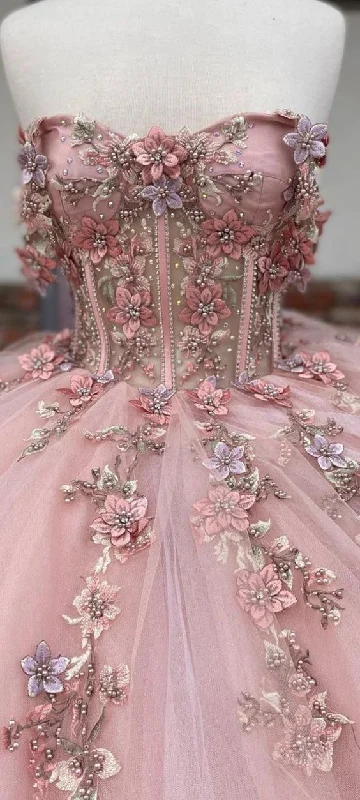 Price Meltdown statement dressPink Glitter 3D Flowers Beaded Ball Dress Beautiful Pink Princess Dresses  Y1132