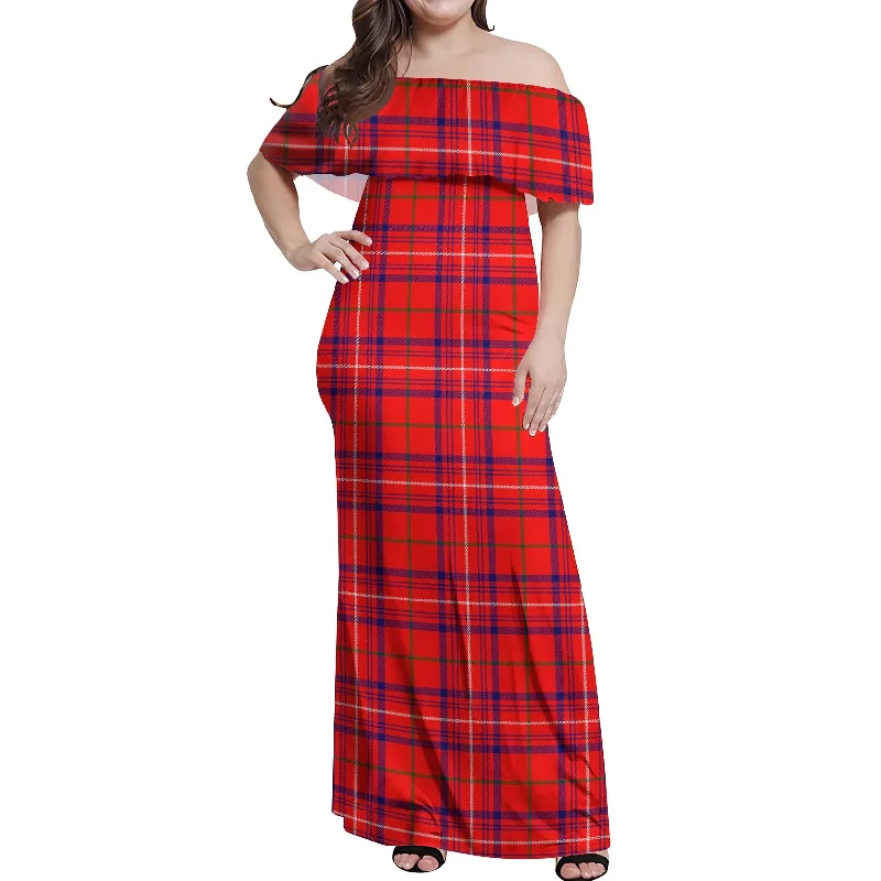 Don't Wait Rose Modern Tartan Off Shoulder Long Dress