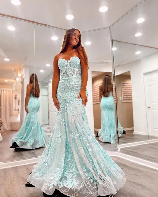 lace-up dressCute Mermaid Sweetheart Mint Lace Long Prom Dresses Y1669