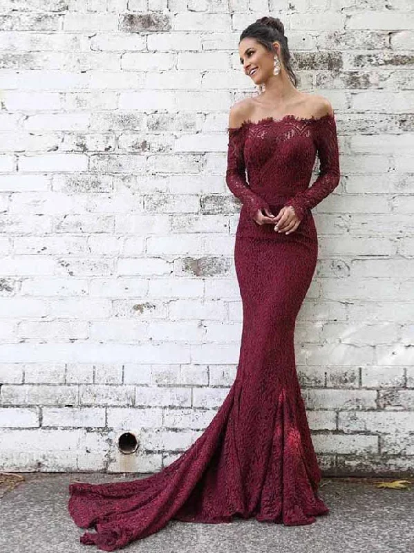 Clearance Event Long Sleeve Prom Dresses Off-the-shoulder Mermaid Long Burgundy Lace Prom Dress JKL1697