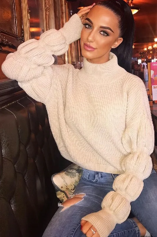 Low Prices soft pulloverBeige Knitted Puff Arm High Neck Jumper - Lola