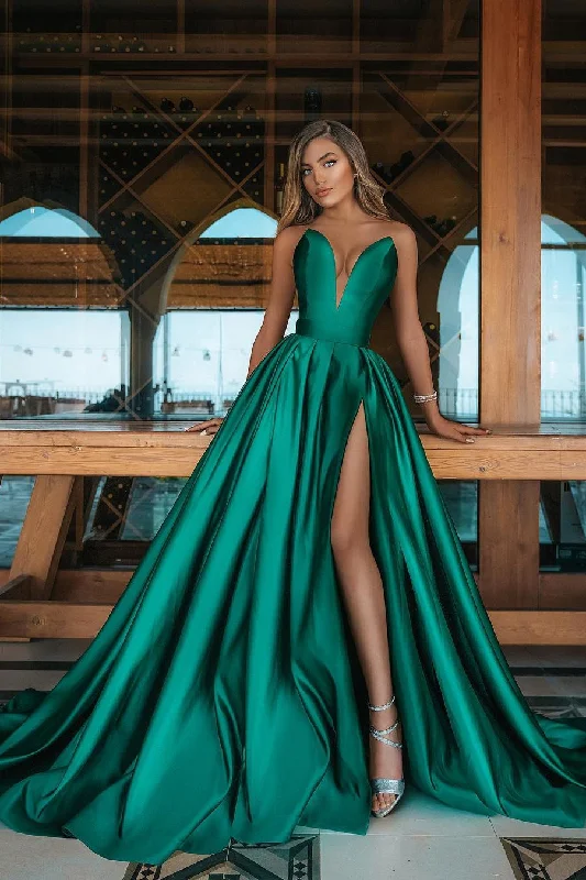 Act Fast Deep V-neck Sexy Green Evening Dress Charmuse Long With Split