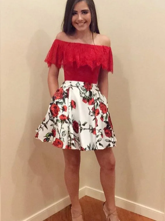 Discount Mania Red Homecoming Dresses Rose Floral Print Aline Lace Short Prom Dress Party Dress JK767