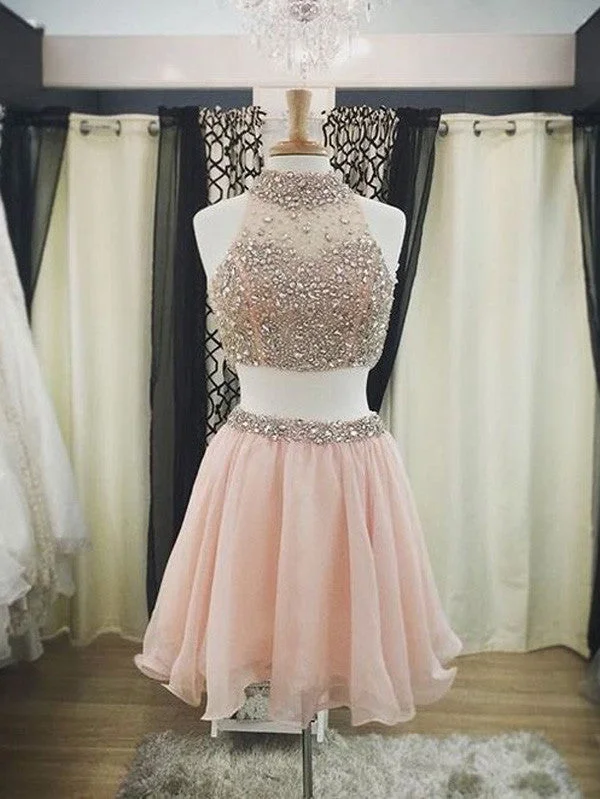 Instant Discount two piece prom dresses High Neck Chiffon Homecoming Dress Short Prom Dresses SP8030