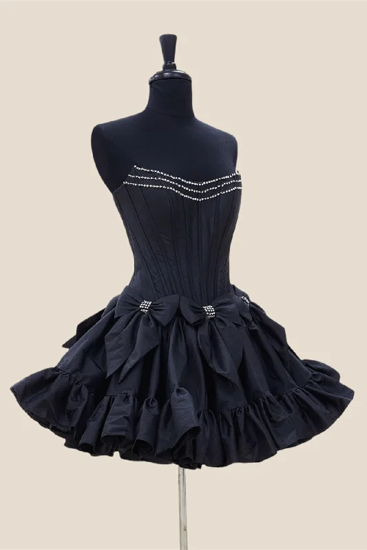 Unbeatable Prices summer dressStrapless Black Ruffle Short Dress with Bow