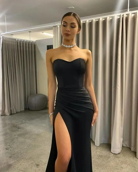 Doorbuster Deal luxury dressGlamorous Mermaid Sweetheart Black Satin Long Prom Dresses Sexy Evening Party Dresses with Side Slit Y1013