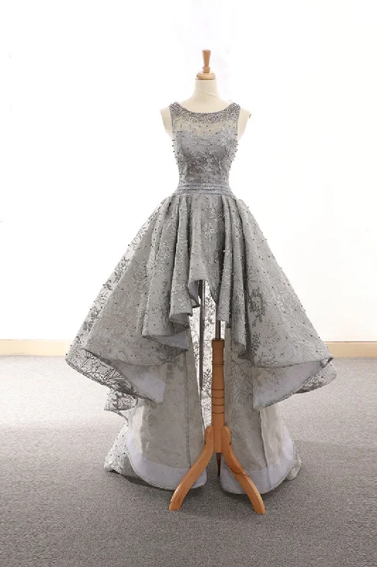 Bargain Bin Gray tulle lace high low prom dress lace homecoming dress JKG010