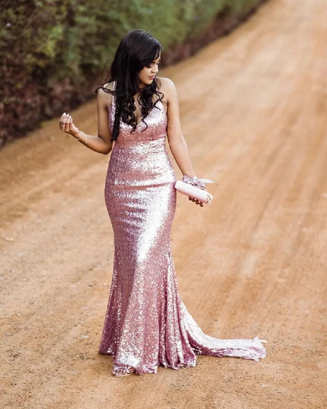 Today’s Deal Sexy Halter V-Neck Rose Gold Sparkly Prom Dress JKR307