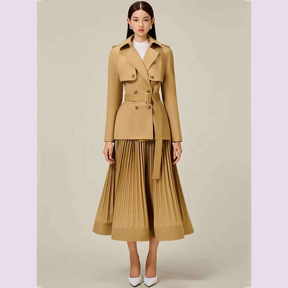 Act Now everyday winter coatDEAT Women 2 Pcs Set Notched Collar Long Sleeve Double Breasted Belt Coat Folds Skirt Office Lady Suit Autumn 2024 New 13DB4515