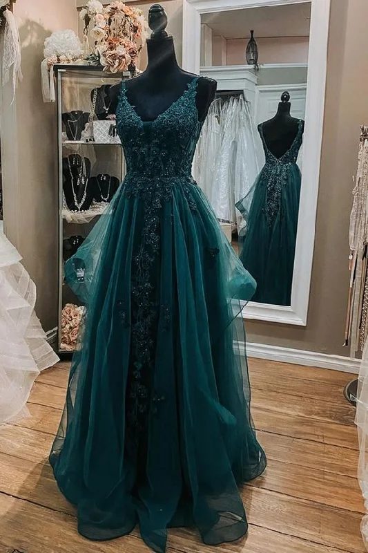 silk dressV Neck Open Back Dark Green Lace Beaded Long Prom Dresses, Dark Green Lace Formal Dresses Y1511