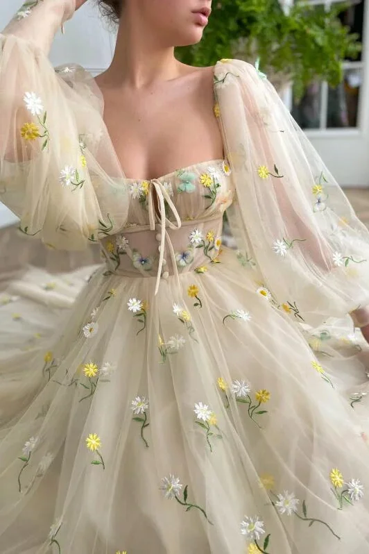 Act Fast Princess Tulle Embroidered Tea Dress Wedding Long Prom Evening Dress GJS597