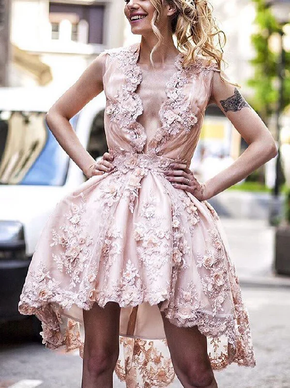Act Fast High Low Homecoming Dresses A Line Cute Lace Pink Short Prom Dress Party Dress JK773
