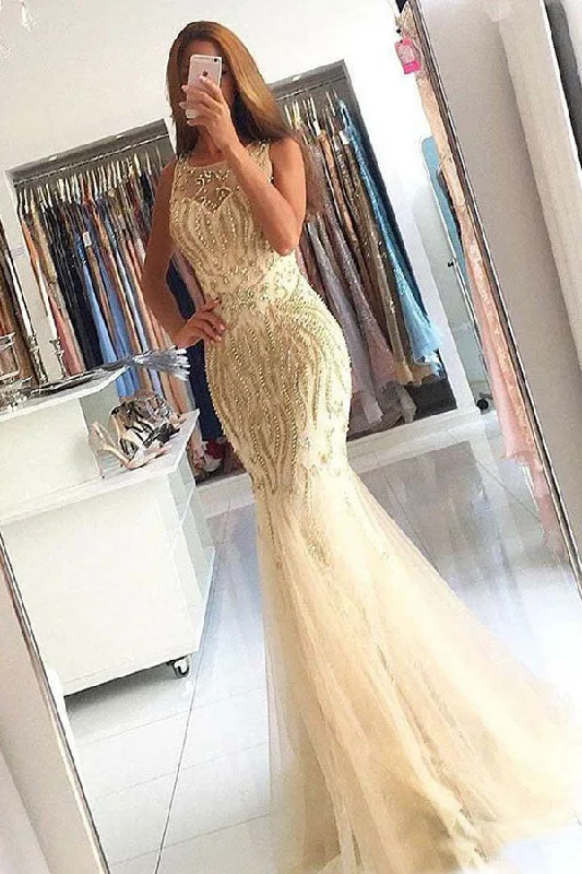 Midnight Madness Mermaid Crew Sweep Train Champagne Tulle Sleeveless Prom Dress with Beading JKR325