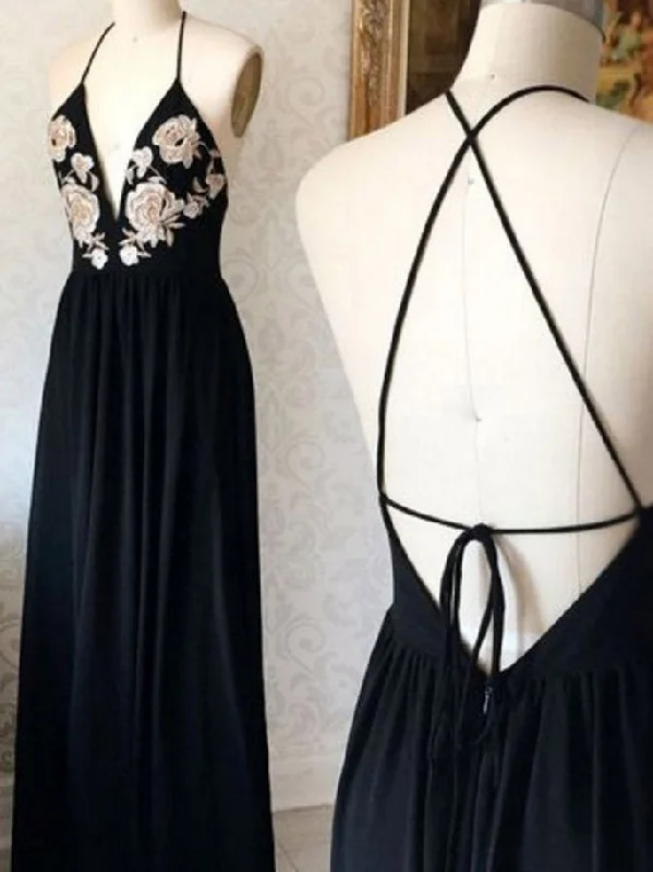YEAR-End Clearance Black Prom Dresses Spaghetti Straps A line Appliques Chiffon Sexy Prom Dress JKL689