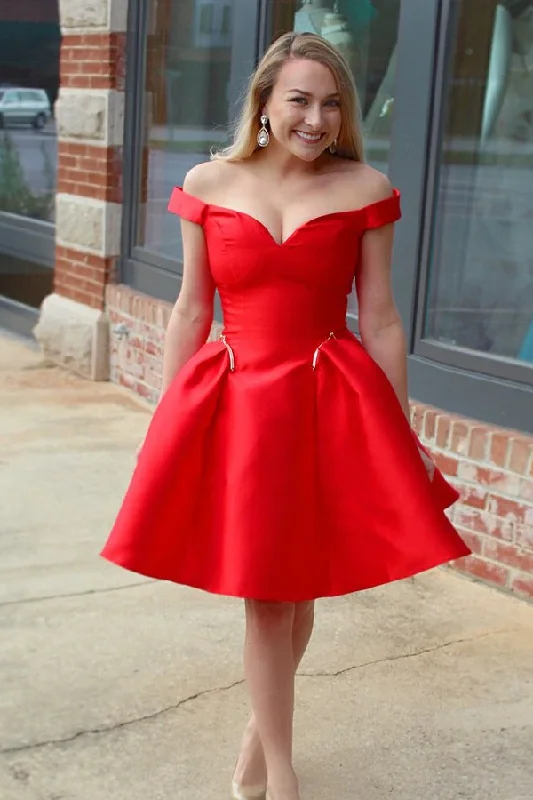 Major Savings A-Line Off-the-Shoulder Knee-Length Red Satin Pockets Homecoming Dress GJS664