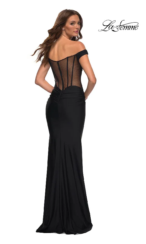 playful dressSheer Corset-Back La Femme Long Prom Dress