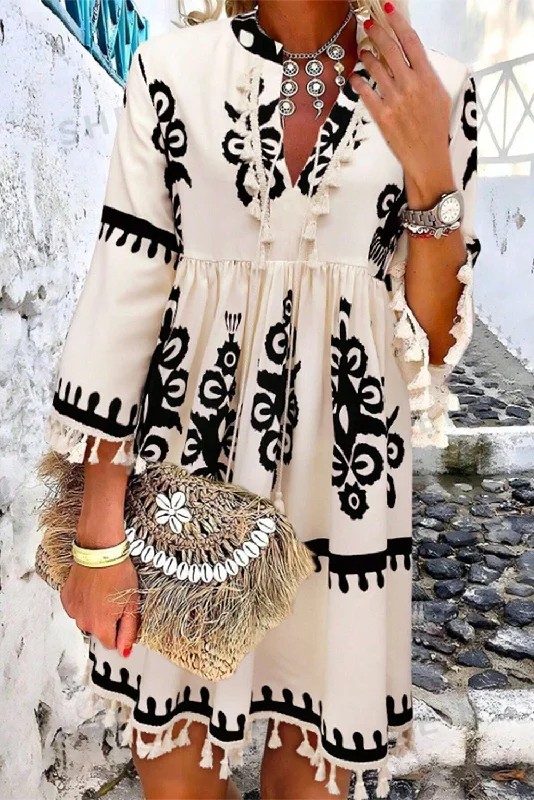 Blowout Deals Beige Western Pattern Print Tasseled Notch V Neck Mini Dress
