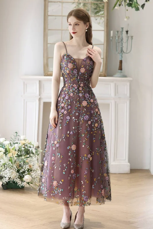 Mega Deal puff sleeve dressStraps Purple Beaded A-line Long Party Dress
