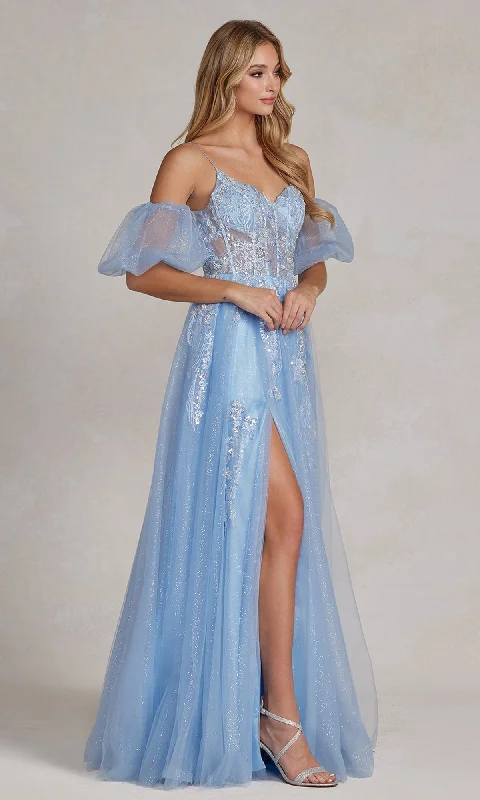 modern dressBlue Tulle Formal Dress with Removable Sleeves