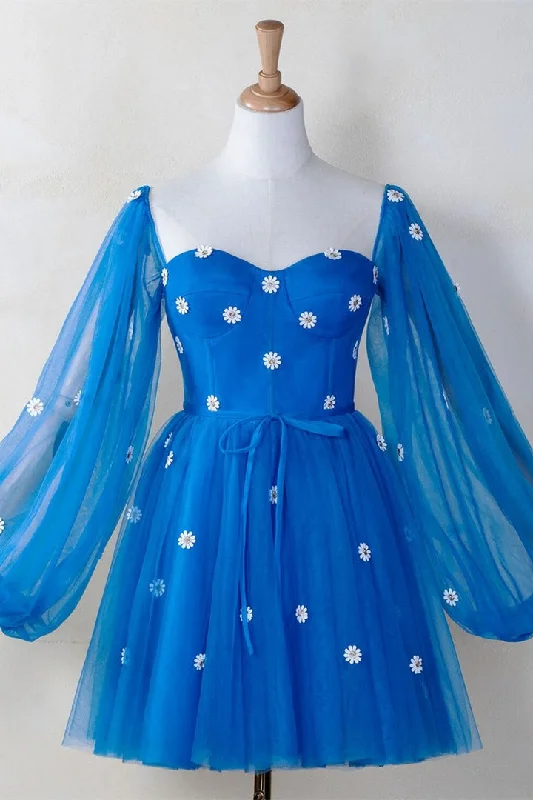 Price Reduction floral dressDaisy Embroiderd Blue Puffy Sleeves Mini Dress
