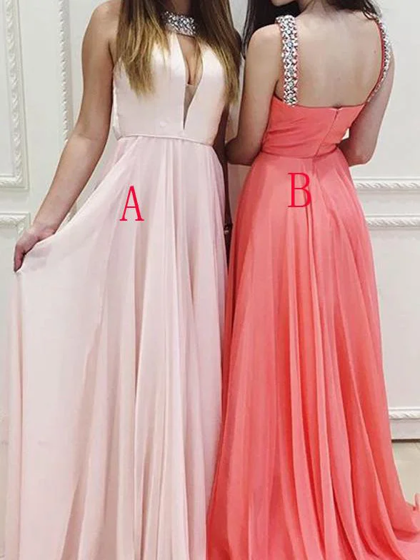 Flash Sale Watermelon Prom Dresses High Neck Straps Sexy Long Pearl Pink Prom Dress/Evening Dress JKL152