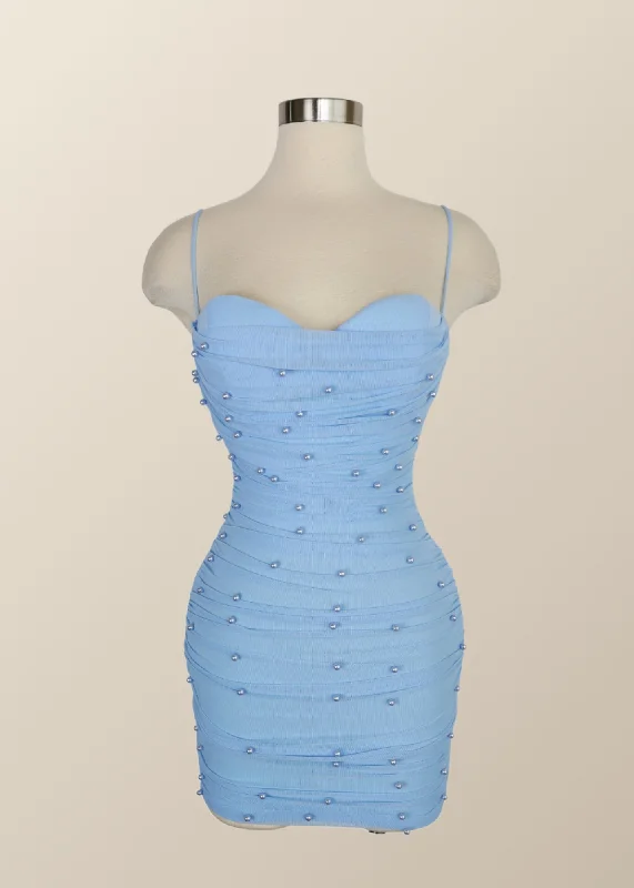 Price Reduction printed dressStraps Blue Tight Mini Dress with Pearls