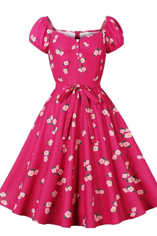 Closeout casual knit dressHot Pink Floral Sweet Swing Dress
