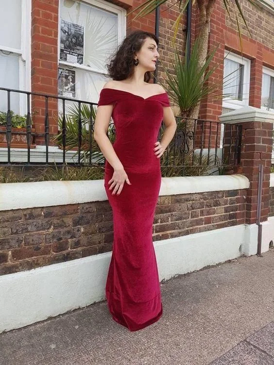 comfy dressDark red Velvet off the Shoulder evening Prom Dress Y1561