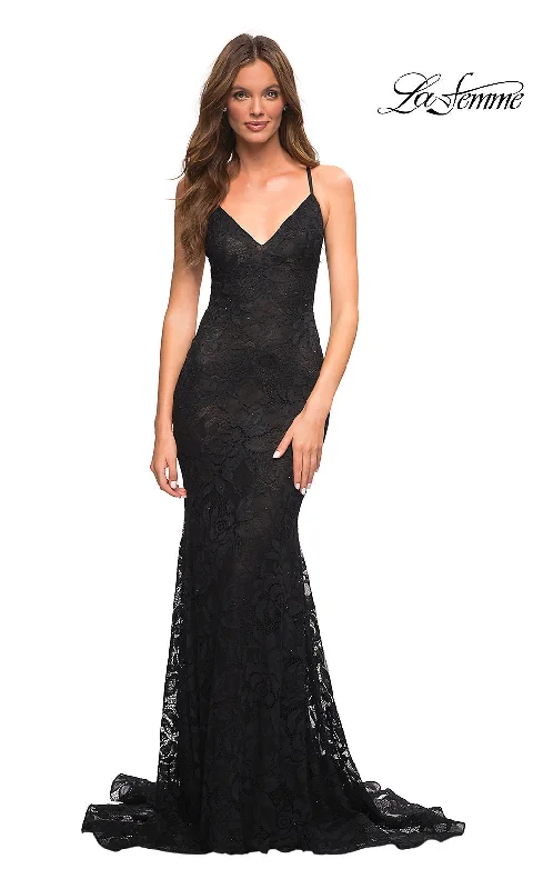 knit dressLa Femme Open-Back V-Neck Long Lace Prom Dress