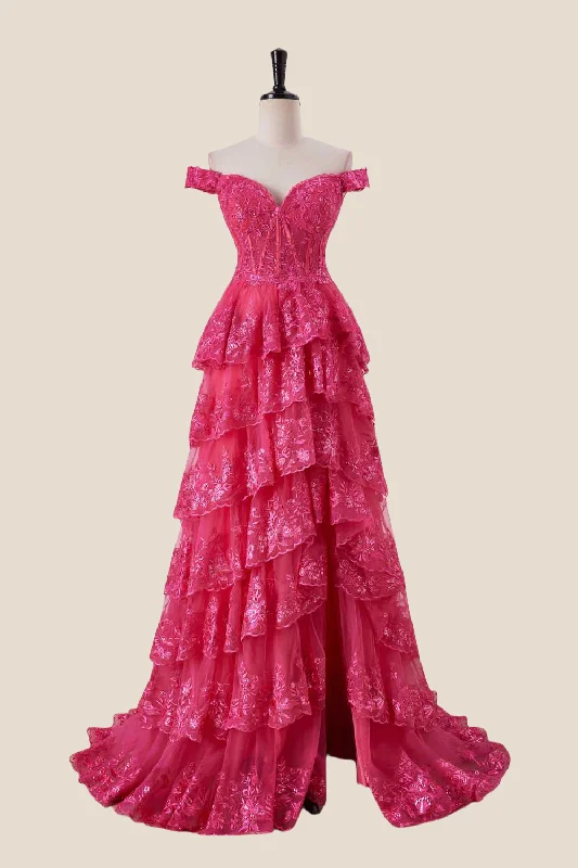 Now or Never sleeveless dressOff the Shoulder Hot Pink Appliques Ruffles Long Dress