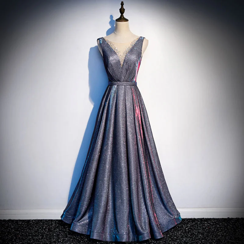 Holiday Sale floral dressA-line V Neck Satin Long Prom Dress s83