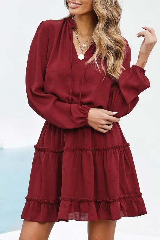 Hot Deal V Neck Long Sleeve Ruffle Tiered Mini Dress
