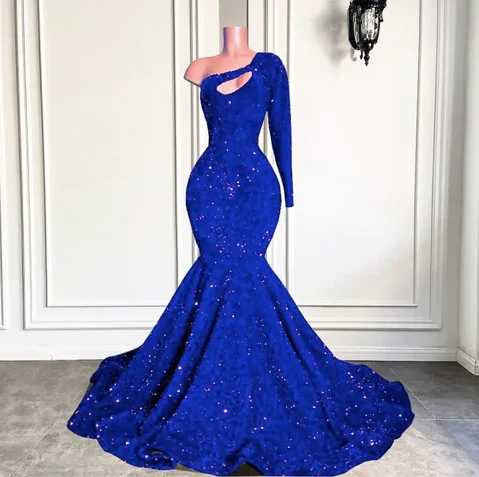 Bargain Blast v-neck dressroyal blue sparkly prom dresses long sleeve one shoulder mermaid cheap formal party dresses Y1270