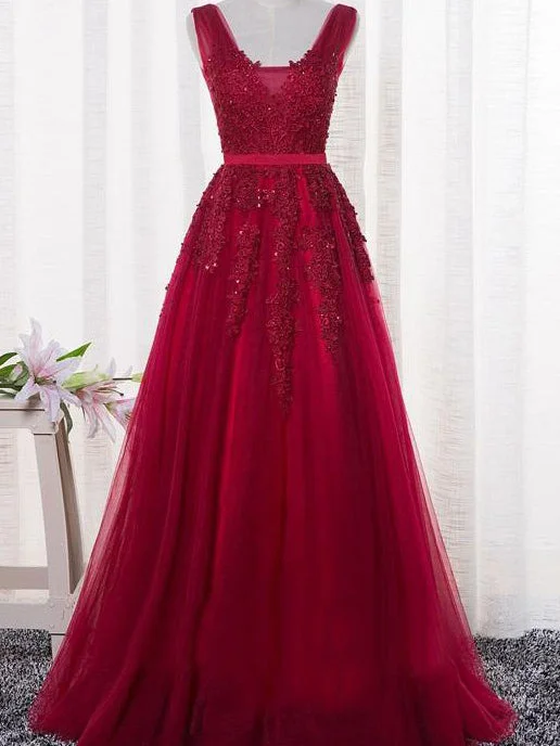 Deal Zone Burgundy Prom Dresses Straps Appliques Long Sexy Prom Dress/Evening Dress JKL138