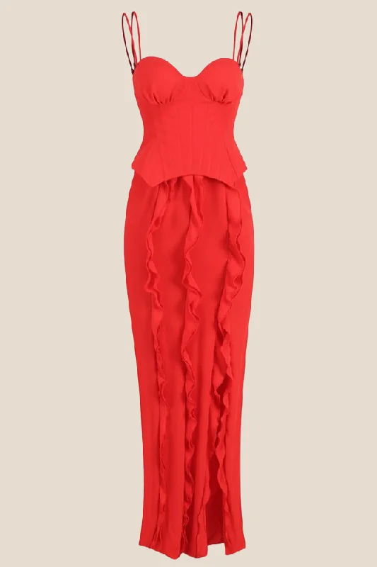 Season Finale Sale off-the-shoulder dressDouble Straps Red Ruffle Long Dress with Slit