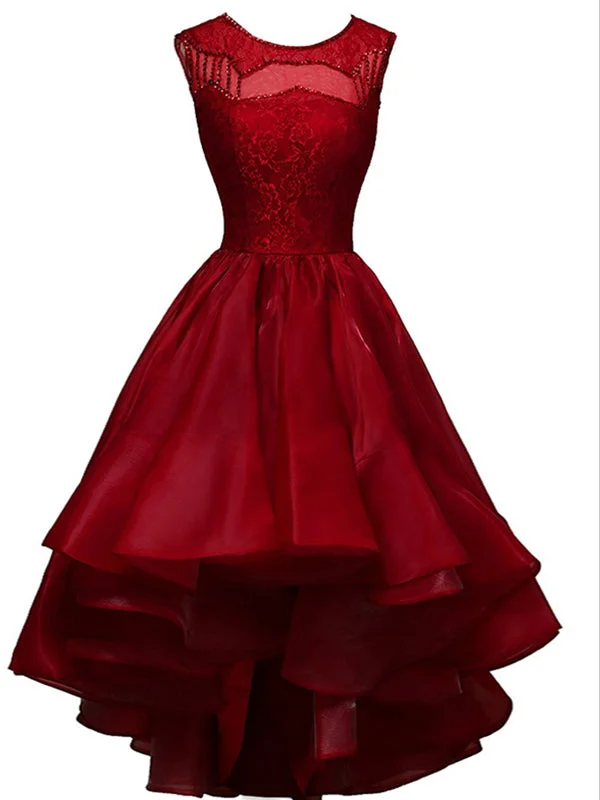 Special Discount High Low Homecoming Dress A-line Bateau Lace Burgundy Short Prom Dress Party Dress MK0726
