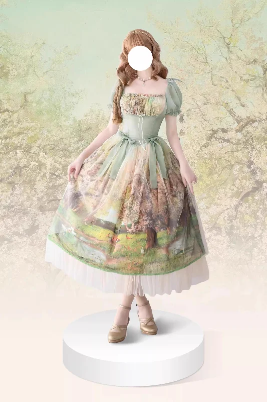 fitted dress(BFM)Lo-cyan Lolita~Spring~Sweet Lolita OP Dress Oil Painting Print V-Waist Bow Dress