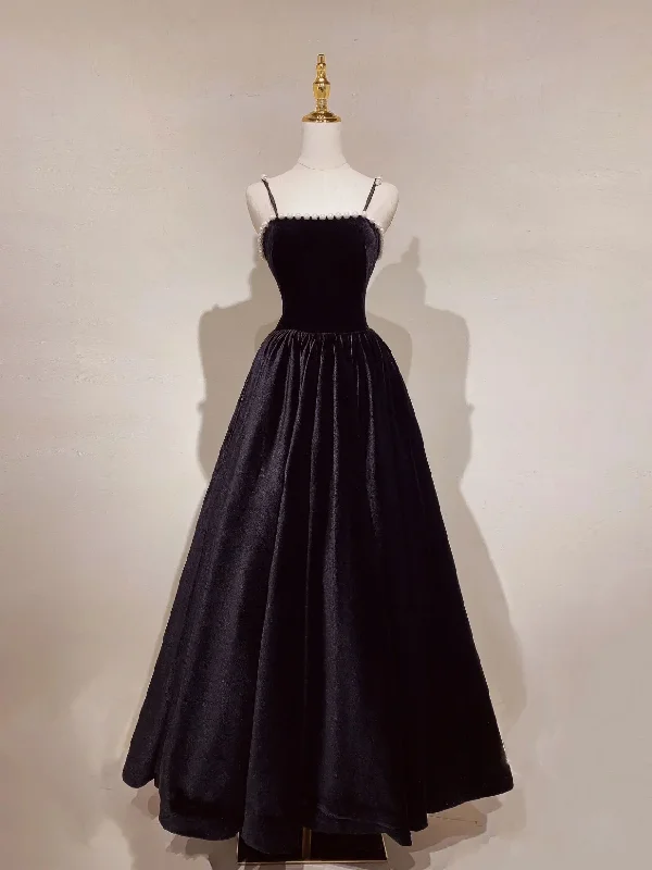 winter dressA-line Black Velvet Long Prom Dress, Black Formal Graduation With Pearls Y2033