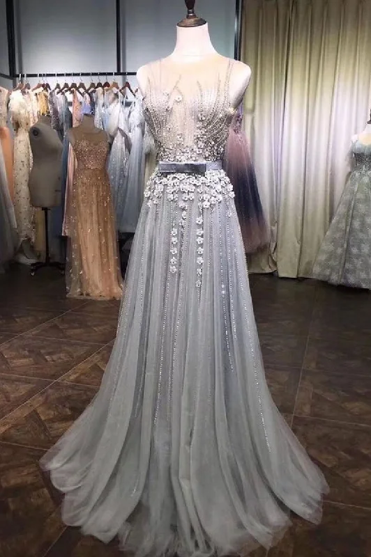 Deal Frenzy Gray Tulle Lace Beads Long Prom Dress, Gray Tulle Evening Dress JKG012