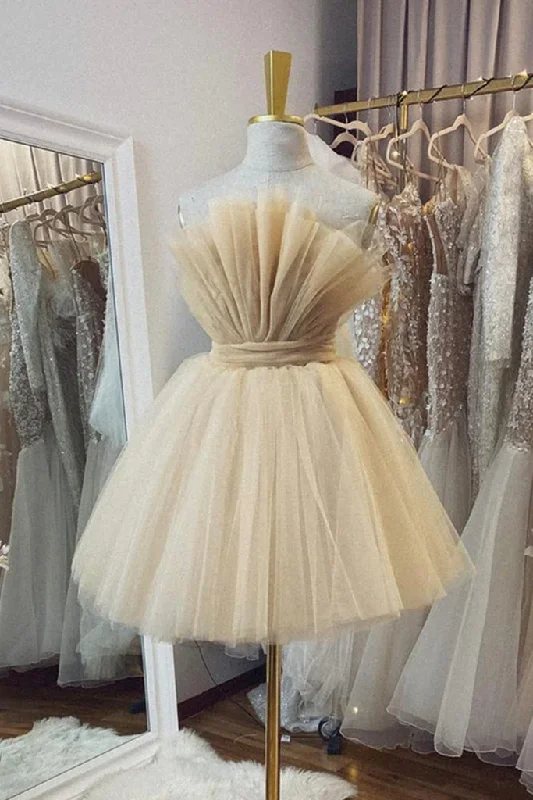 Instant Savings Open Back Strapless Champagne Tulle Short Prom Homecoming Formal Graduation Evening Dress GJS683