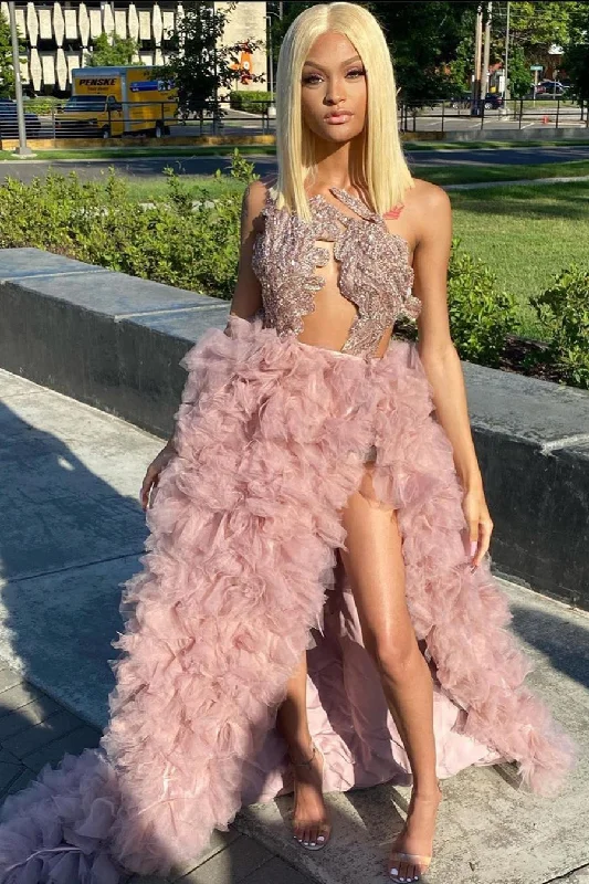Closeout Sexy V-neck Pink Organza Prom Dress Sequins Long With Split